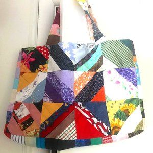Handmade Patchwork Tote, Mixed Fabric, Boho Colorful